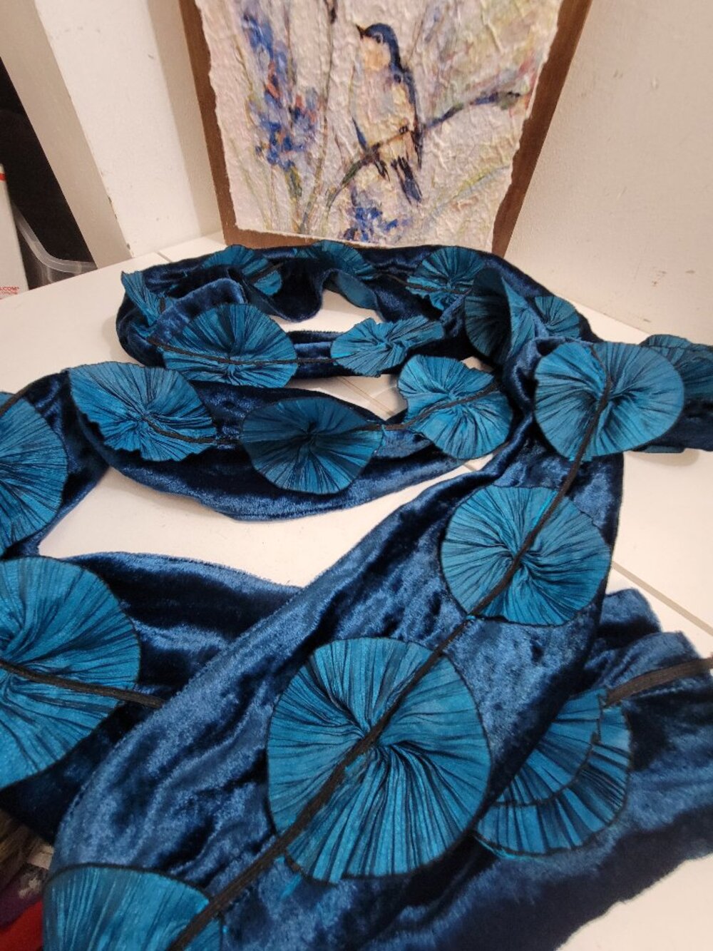 Chicos Blue Velvet and Gingko leaf in long Scarf